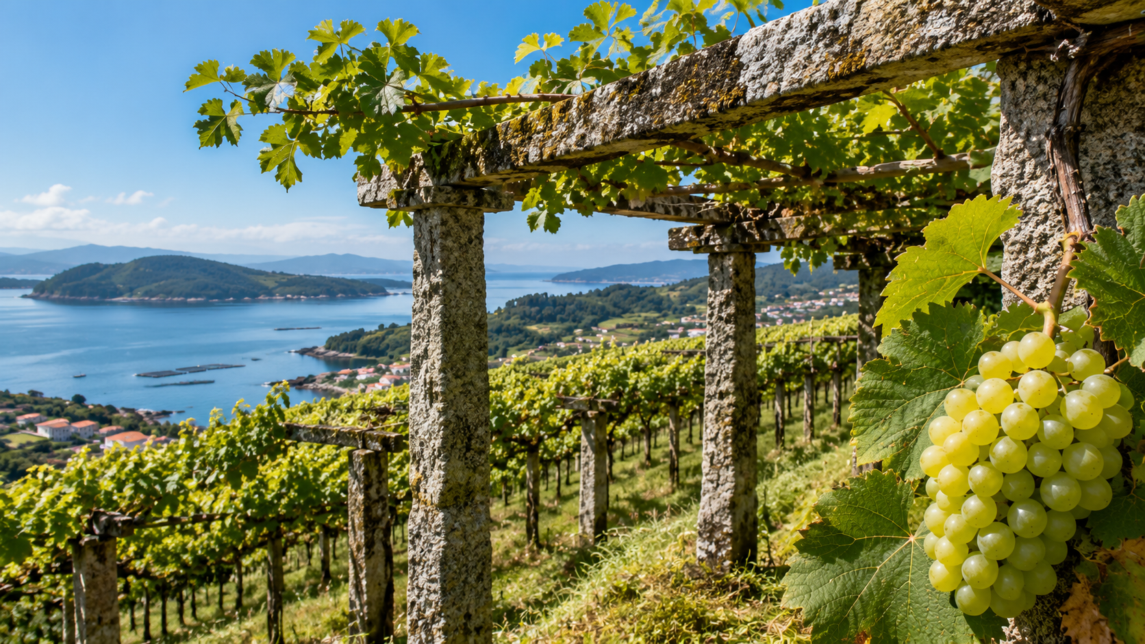 Vineyards growing Albariño grapes on traditional granite pergolas overlooking the Atlantic coast in Rías Baixas, Spain.
