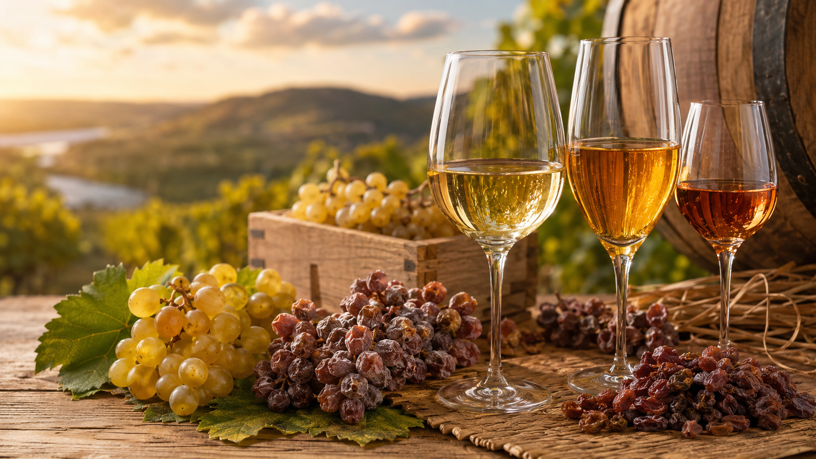 Grape bunches and wine glasses, with a hillside background
