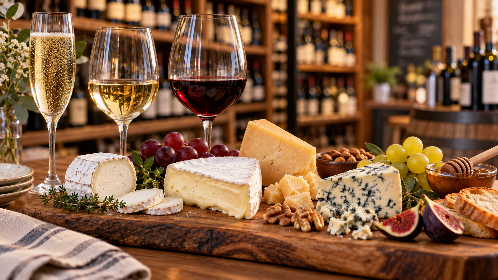 Glasses of wine and assorted cheeses in a wine shop